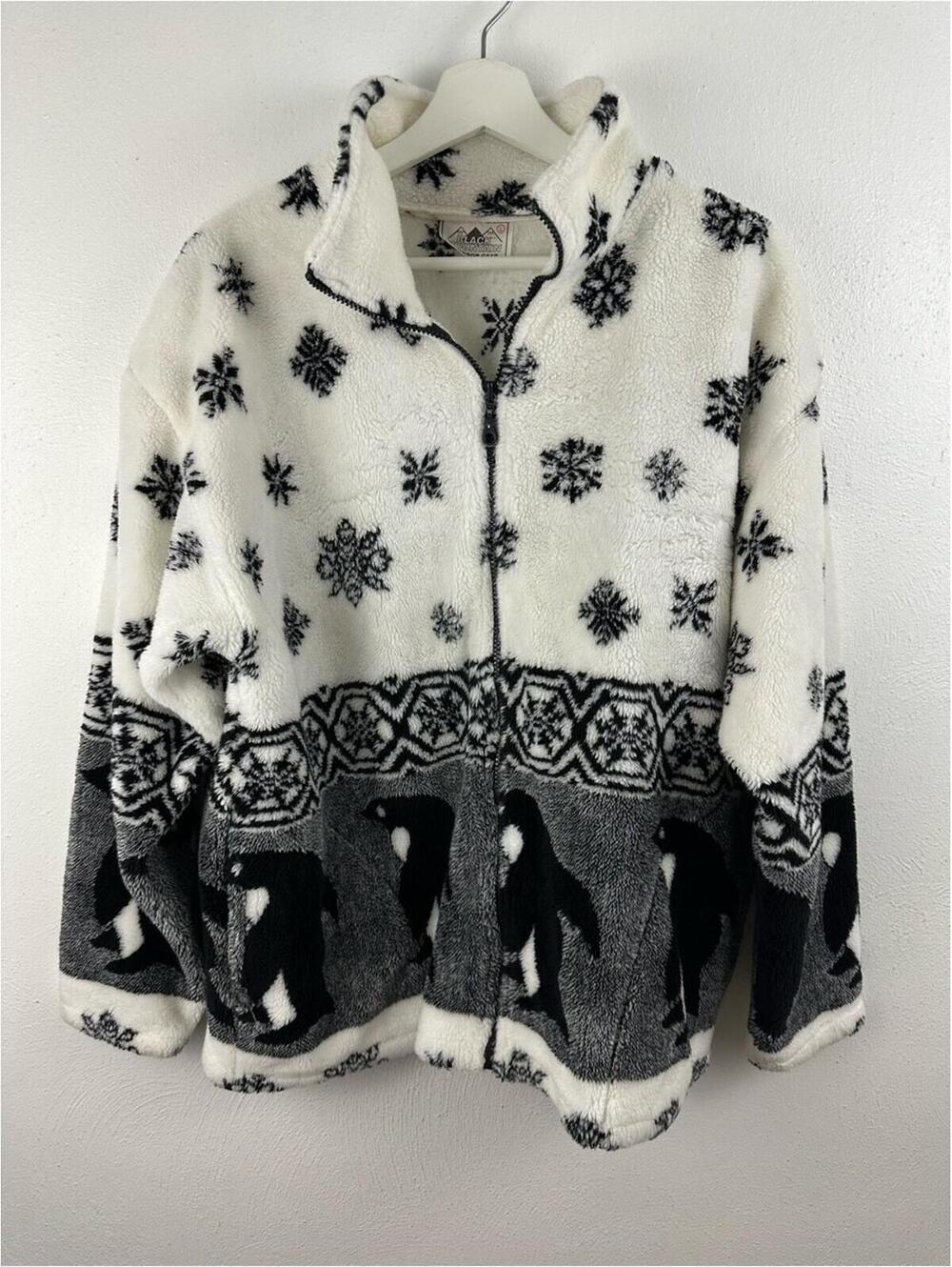 VINTAGE BLACK MOUNTAIN OUTDOORS FLEECE SNOWFLAKES JACKET WOMEN'S SIZE L